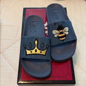 Circus by Sam Edelman Kids' Navy Slides with Bee & Gold Crown Embroidery
